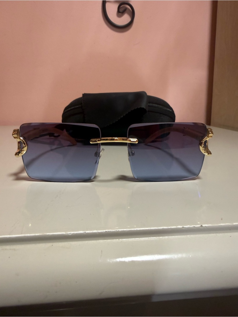 Men's Rimless Sunglasses with Gold Accents and Blue Gradient Lenses